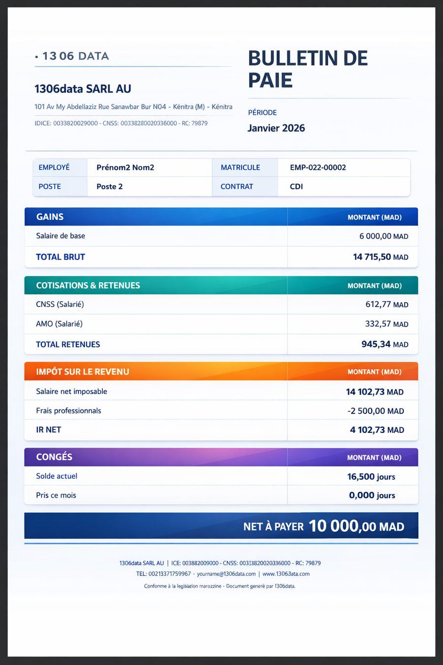 Bulletin de paie généré par 1306DATA : gains, cotisations CNSS et AMO salariales, impôt sur le revenu, solde de congés et net à payer